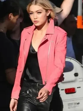 Gigi Hadid Pink Leather Biker Jacket On Sale 