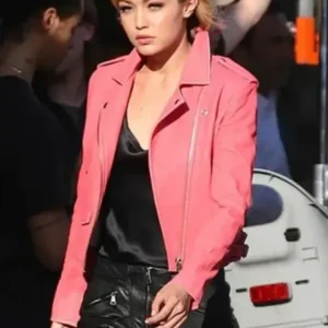 Gigi Hadid Pink Leather Biker Jacket On Sale 