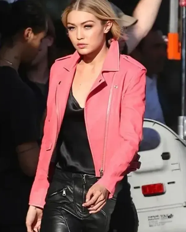 Gigi Hadid Pink Leather Biker Jacket On Sale