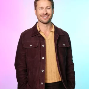 Glen Powell Hit Man 2024 Maroon Trucker Jacket