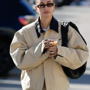 Hailey Bieber Cotton Beige Trucker Jacket