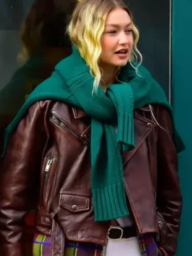 NYC Gigi Hadid Brown Leather Jacket On Sale