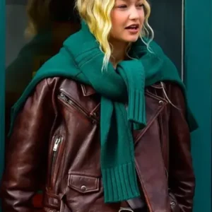 NYC Gigi Hadid Brown Leather Jacket On Sale 