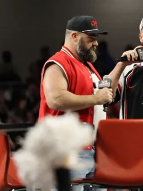 New Heights Live Show 2024 Jason Kelce Red Vest