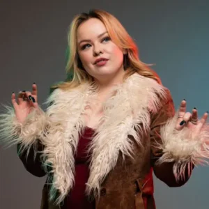 Nicola Coughlan Big Mood 2024 Brown Suede Leather Coat