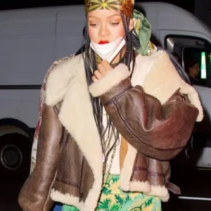 Rihanna Brown Shearling Jacket For Sale