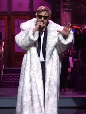 SNL Ryan Gosling White Fur Trench Coat For Men