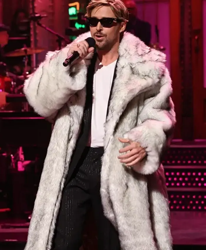 SNL Ryan Gosling White Fur Trench Coat
