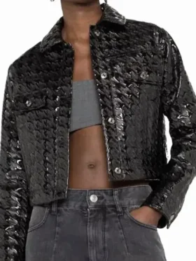 Selena Gomez Houndstooth Pattern Black Leather Jacket