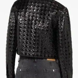 Selena Gomez Houndstooth Pattern Black Leather Jacket On Sale 