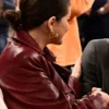 Selena Gomez Knicks Game Burgundy Leather Coat