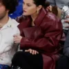 Selena Gomez Knicks Game Burgundy Leather Coat for sale