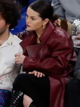 Selena Gomez Knicks Game Burgundy Leather Coat for sale