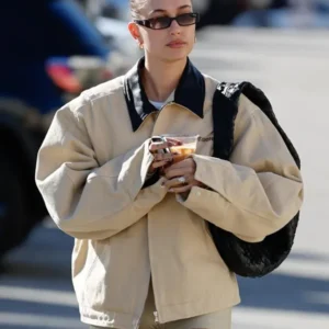 Shop Hailey Bieber Cotton Beige Trucker Jacket