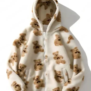 Bear Patterned Cream Polar Fleece Off White Hoodie For Men And Women