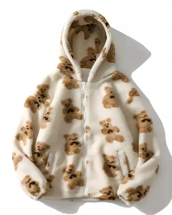 Bear Patterned Cream Polar Fleece Off White Hoodie For Men And Women