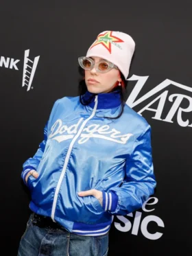 Billie Eilish Dodgers Blue Satin Varsity Jacket On Sale 