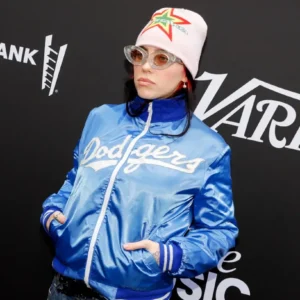 Billie Eilish Dodgers Blue Satin Varsity Jacket On Sale 