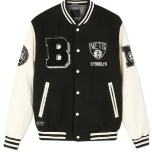 Brooklyn Nets Black and Off White Varsity Jacket