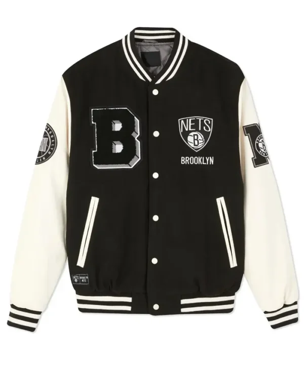 Brooklyn Nets Black and Off White Varsity Jacket