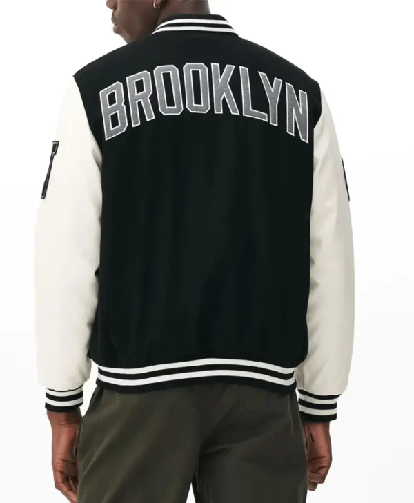 Brooklyn Nets Black and Off White Varsity Jacket Back