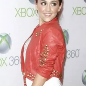 But American Singer Ariana Grande Project Natal Premiere Red Studded Cropped Leather Jacket