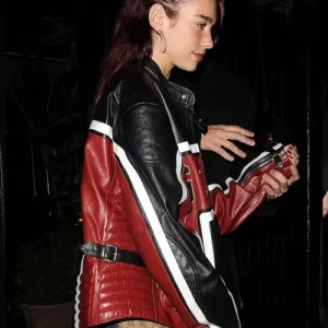Buy Dua Lipa Met Gala Red And Black Racing Leather Jacket For Sale