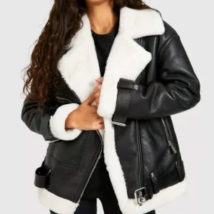 Buy Elena Faux Shearling Aviator Black Biker Leather Jacket