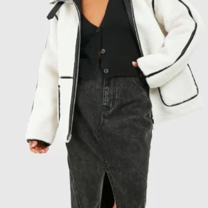 Buy Elena Faux Shearling Aviator Ivory Biker Leather Jacket