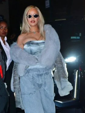 Buy Rihanna NYC 2024 Grey Crop Fuzzy Jacket