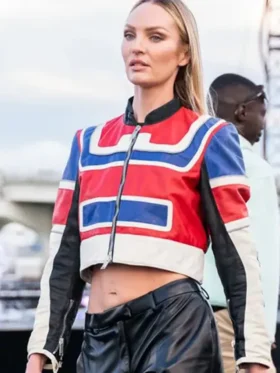 Candice Swanepoel Cropped Zip Leather Jacket