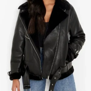 Cohee Faux Shearling Lined Aviator Black Leather jacket