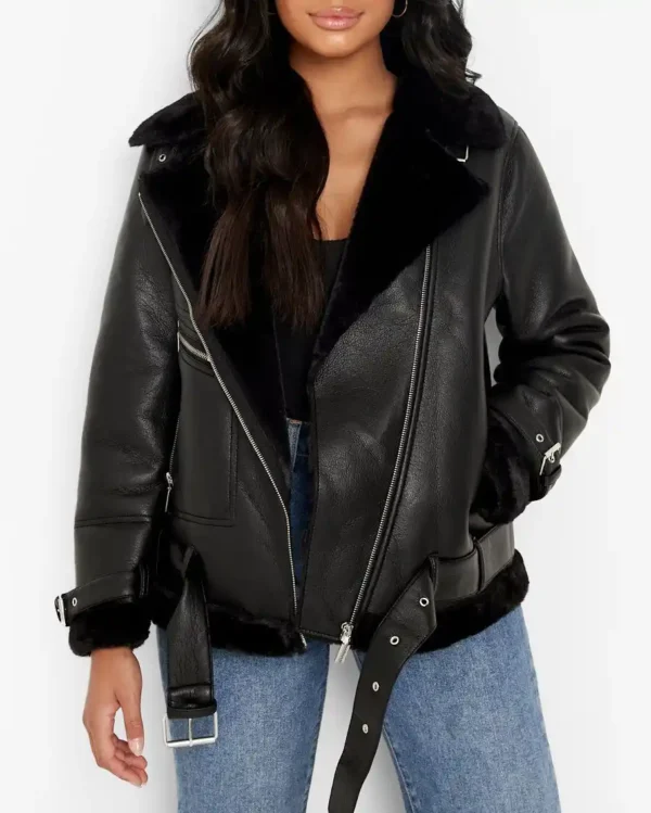 Cohee Faux Shearling Lined Aviator Black Leather jacket