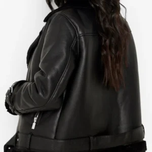 Cohee Faux Shearling Lined Aviator Black Leather jacket Back