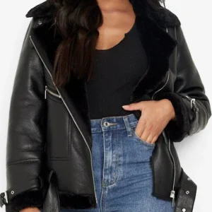 Cohee Faux Shearling Lined Black Aviator Leather jacket