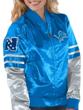 Detroit Lions Tie Breaker Women Blue Satin Starter Bomber Jacket