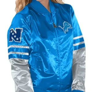 Detroit Lions Tie Breaker Women Blue Satin Starter Bomber Jacket