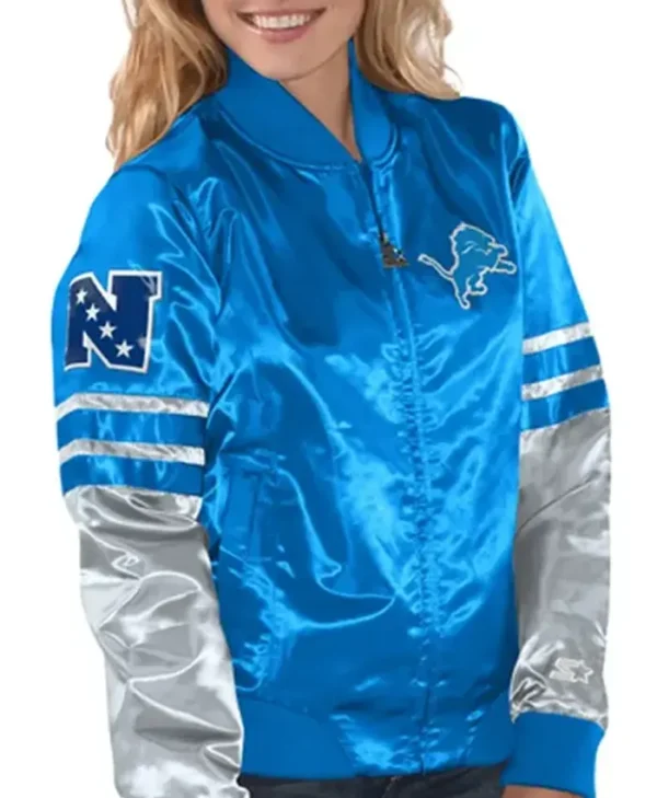 Detroit Lions Tie Breaker Women Blue Satin Starter Bomber Jacket