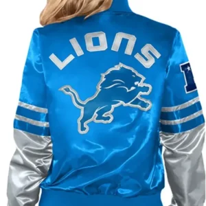 Detroit Lions Tie Breaker Women Blue Satin Starter Bomber Jacket Back