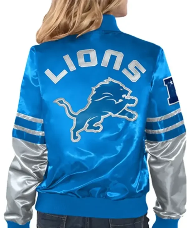 Detroit Lions Tie Breaker Women Blue Satin Starter Bomber Jacket Back