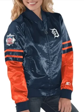 Detroit Tigers Tie Breaker Navy Satin Starter Zip Bomber Jacket