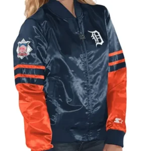 Detroit Tigers Tie Breaker Navy Satin Starter Zip Bomber Jacket