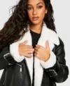 Elena Faux Shearling Black Aviator Leather Jacket