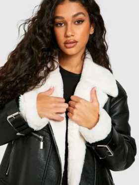Elena Faux Shearling Black Aviator Leather Jacket