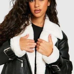 Elena Faux Shearling Black Aviator Leather Jacket