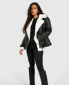 Elena Faux Shearling Black Aviator Leather Jacket Sale