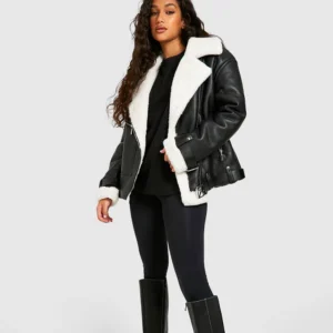 Elena Faux Shearling Black Aviator Leather Jacket Sale