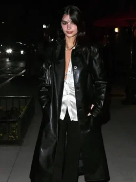 Emily Ratajkowski Black Leather Trench Coat