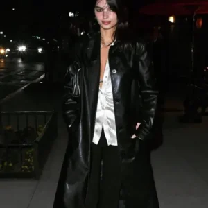 Emily Ratajkowski Black Leather Trench Coat