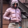 Emily Ratajkowski NYC Pink Puffy Hooded Jacket